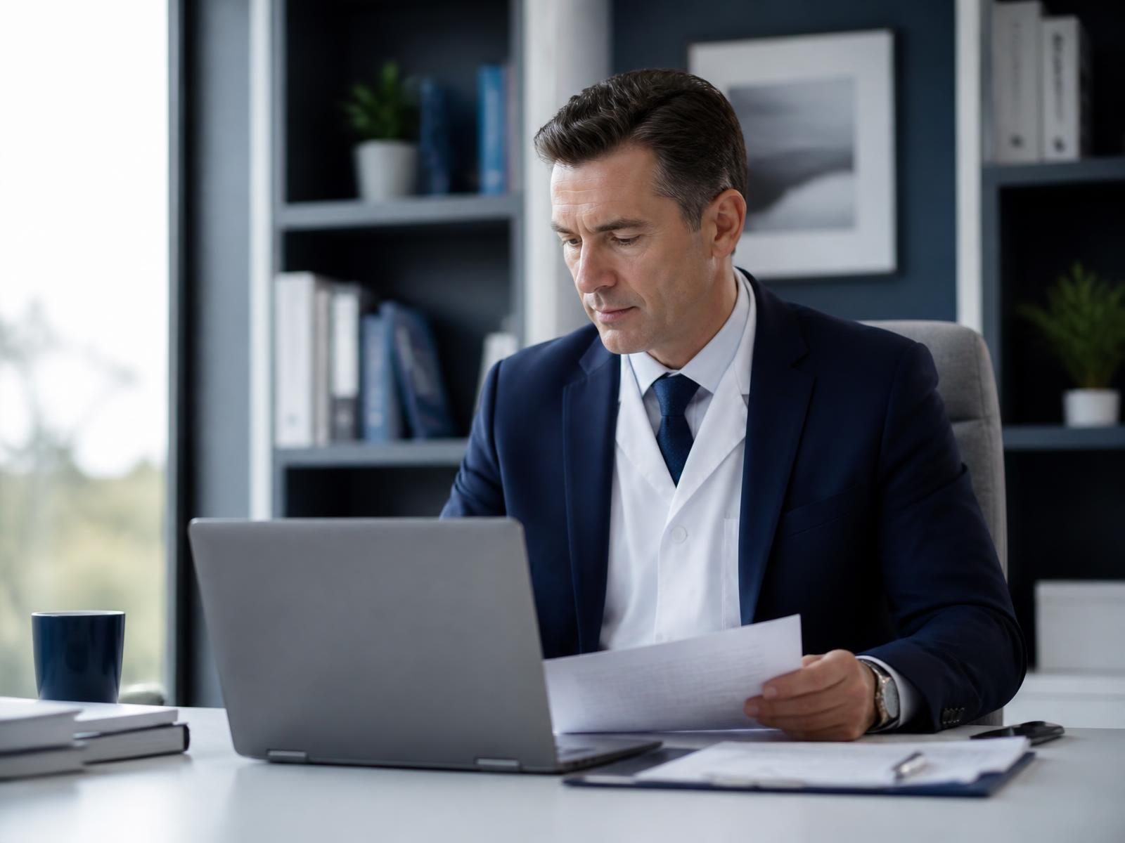 Physician reviewing organized state medical license application documents at a desk