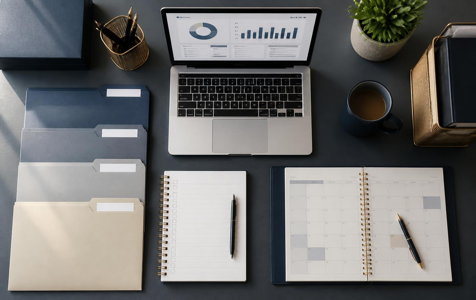 Organized licensure document folders, checklists, and a renewal calendar on a desk